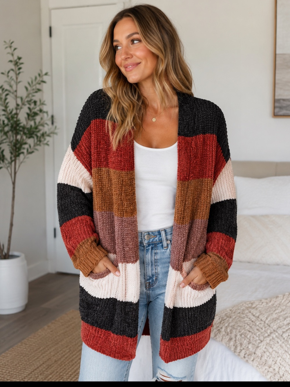 Altar'd State Rust Multi Striped Open-Front Cardigan